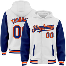 Laden Sie das Bild in den Galerie-Viewer, Custom White Royal-Orange Bomber Full-Snap Varsity Letterman Two Tone Hoodie Jacket