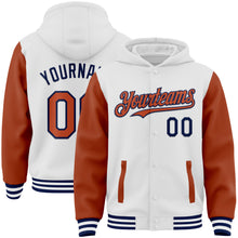 Load image into Gallery viewer, Custom White Texas Orange-Navy Bomber Full-Snap Varsity Letterman Two Tone Hoodie Jacket