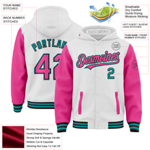 Charger l'image dans la galerie, Custom White Pink Black-Teal Bomber Full-Snap Varsity Letterman Two Tone Hoodie Jacket