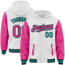 Charger l'image dans la galerie, Custom White Pink Black-Teal Bomber Full-Snap Varsity Letterman Two Tone Hoodie Jacket