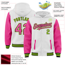 Charger l'image dans la galerie, Custom White Pink Black-Neon Green Bomber Full-Snap Varsity Letterman Two Tone Hoodie Jacket