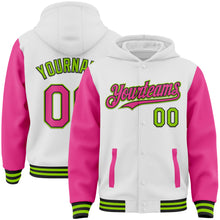 Charger l'image dans la galerie, Custom White Pink Black-Neon Green Bomber Full-Snap Varsity Letterman Two Tone Hoodie Jacket