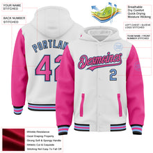 Charger l'image dans la galerie, Custom White Pink Black-Light Blue Bomber Full-Snap Varsity Letterman Two Tone Hoodie Jacket