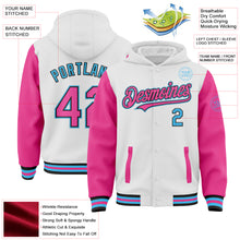 Charger l'image dans la galerie, Custom White Pink Black-Sky Blue Bomber Full-Snap Varsity Letterman Two Tone Hoodie Jacket
