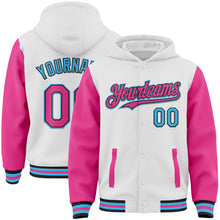 Charger l'image dans la galerie, Custom White Pink Black-Sky Blue Bomber Full-Snap Varsity Letterman Two Tone Hoodie Jacket