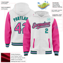 Charger l'image dans la galerie, Custom White Pink Black-Aqua Bomber Full-Snap Varsity Letterman Two Tone Hoodie Jacket