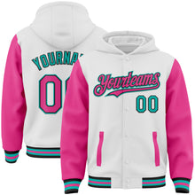 Charger l'image dans la galerie, Custom White Pink Black-Aqua Bomber Full-Snap Varsity Letterman Two Tone Hoodie Jacket