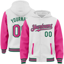 Charger l'image dans la galerie, Custom White Pink-Kelly Green Bomber Full-Snap Varsity Letterman Two Tone Hoodie Jacket