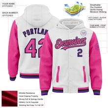 Charger l'image dans la galerie, Custom White Pink Black-Purple Bomber Full-Snap Varsity Letterman Two Tone Hoodie Jacket