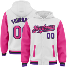 Charger l'image dans la galerie, Custom White Pink Black-Purple Bomber Full-Snap Varsity Letterman Two Tone Hoodie Jacket