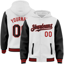 Загрузить изображение в средство просмотра галереи, Custom White Black-Red Bomber Full-Snap Varsity Letterman Two Tone Hoodie Jacket