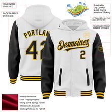 Laden Sie das Bild in den Galerie-Viewer, Custom White Black-Gold Bomber Full-Snap Varsity Letterman Two Tone Hoodie Jacket