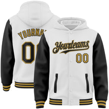 Загрузить изображение в средство просмотра галереи, Custom White Black-Old Gold Bomber Full-Snap Varsity Letterman Two Tone Hoodie Jacket