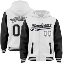Загрузить изображение в средство просмотра галереи, Custom White Black-Gray Bomber Full-Snap Varsity Letterman Two Tone Hoodie Jacket