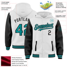 Laden Sie das Bild in den Galerie-Viewer, Custom White Teal-Black Bomber Full-Snap Varsity Letterman Two Tone Hoodie Jacket