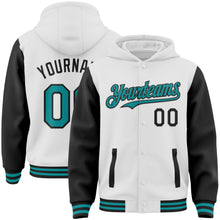 Laden Sie das Bild in den Galerie-Viewer, Custom White Teal-Black Bomber Full-Snap Varsity Letterman Two Tone Hoodie Jacket