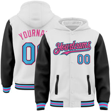 Загрузить изображение в средство просмотра галереи, Custom White Sky Blue Black-Pink Bomber Full-Snap Varsity Letterman Two Tone Hoodie Jacket