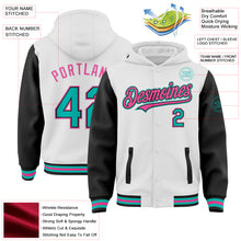 Laden Sie das Bild in den Galerie-Viewer, Custom White Aqua Black-Pink Bomber Full-Snap Varsity Letterman Two Tone Hoodie Jacket