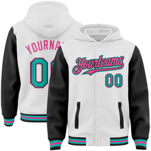 Laden Sie das Bild in den Galerie-Viewer, Custom White Aqua Black-Pink Bomber Full-Snap Varsity Letterman Two Tone Hoodie Jacket