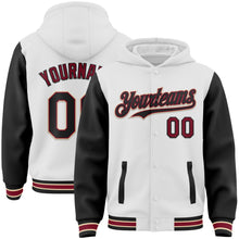Загрузить изображение в средство просмотра галереи, Custom White Black Crimson-City Cream Bomber Full-Snap Varsity Letterman Two Tone Hoodie Jacket