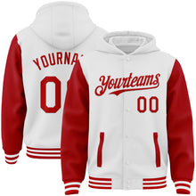 Загрузить изображение в средство просмотра галереи, Custom White Red Bomber Full-Snap Varsity Letterman Two Tone Hoodie Jacket