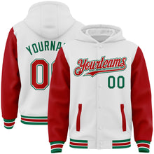 Загрузить изображение в средство просмотра галереи, Custom White Red-Kelly Green Bomber Full-Snap Varsity Letterman Two Tone Hoodie Jacket