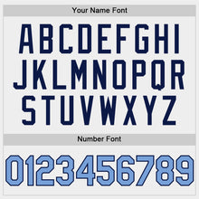 Load image into Gallery viewer, Custom White Light Blue-Navy Bomber Full-Snap Varsity Letterman Two Tone Hoodie Jacket