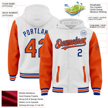 Charger l'image dans la galerie, Custom White Orange-Royal Bomber Full-Snap Varsity Letterman Two Tone Hoodie Jacket