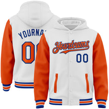 Charger l'image dans la galerie, Custom White Orange-Royal Bomber Full-Snap Varsity Letterman Two Tone Hoodie Jacket