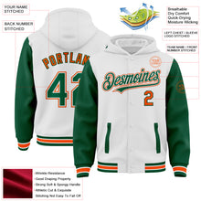 Laden Sie das Bild in den Galerie-Viewer, Custom White Kelly Green-Orange Bomber Full-Snap Varsity Letterman Two Tone Hoodie Jacket