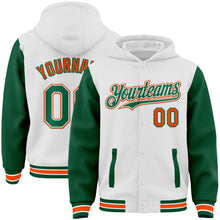 Laden Sie das Bild in den Galerie-Viewer, Custom White Kelly Green-Orange Bomber Full-Snap Varsity Letterman Two Tone Hoodie Jacket
