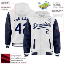 Charger l'image dans la galerie, Custom White Navy Bomber Full-Snap Varsity Letterman Two Tone Hoodie Jacket