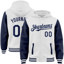 Charger l'image dans la galerie, Custom White Navy Bomber Full-Snap Varsity Letterman Two Tone Hoodie Jacket