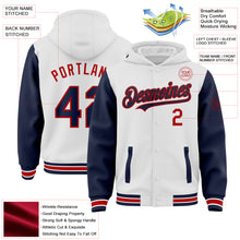 Charger l'image dans la galerie, Custom White Navy-Red Bomber Full-Snap Varsity Letterman Two Tone Hoodie Jacket