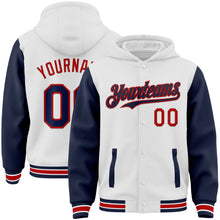 Charger l'image dans la galerie, Custom White Navy-Red Bomber Full-Snap Varsity Letterman Two Tone Hoodie Jacket