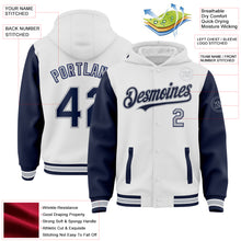 Laden Sie das Bild in den Galerie-Viewer, Custom White Navy-Gray Bomber Full-Snap Varsity Letterman Two Tone Hoodie Jacket