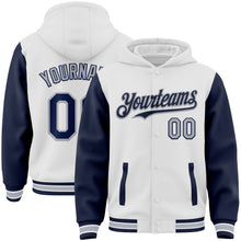 Laden Sie das Bild in den Galerie-Viewer, Custom White Navy-Gray Bomber Full-Snap Varsity Letterman Two Tone Hoodie Jacket