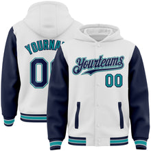 Charger l'image dans la galerie, Custom White Navy Gray-Teal Bomber Full-Snap Varsity Letterman Two Tone Hoodie Jacket