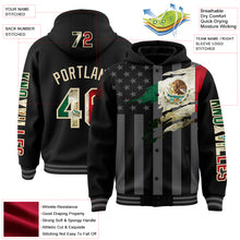 Laden Sie das Bild in den Galerie-Viewer, Custom Black Vintage Mexican Flag Cream-Gray Mexico 3D Bomber Full-Snap Varsity Letterman Hoodie Jacket