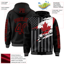 Laden Sie das Bild in den Galerie-Viewer, Custom Black Red-Gray Canada Canadian Flag 3D Bomber Full-Snap Varsity Letterman Hoodie Jacket