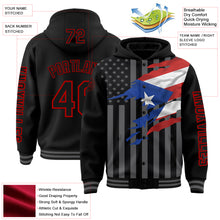Laden Sie das Bild in den Galerie-Viewer, Custom Black Red-Gray Puerto Rico Puerto Rican Flag 3D Bomber Full-Snap Varsity Letterman Hoodie Jacket
