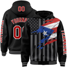 Laden Sie das Bild in den Galerie-Viewer, Custom Black Red-Gray Puerto Rico Puerto Rican Flag 3D Bomber Full-Snap Varsity Letterman Hoodie Jacket