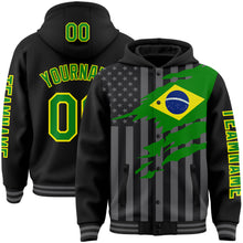 Laden Sie das Bild in den Galerie-Viewer, Custom Black Grass Green Light Yellow-Gray Brasil Brazilian Flag 3D Bomber Full-Snap Varsity Letterman Hoodie Jacket