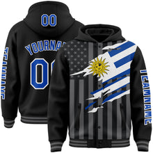Laden Sie das Bild in den Galerie-Viewer, Custom Black Thunder Blue-Gray Uruguay Uruguayan Flag 3D Bomber Full-Snap Varsity Letterman Hoodie Jacket