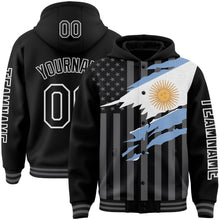 Laden Sie das Bild in den Galerie-Viewer, Custom Black Gray-White Argentina Argentinian Flag 3D Bomber Full-Snap Varsity Letterman Hoodie Jacket