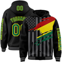Laden Sie das Bild in den Galerie-Viewer, Custom Black Kelly Green Light Yellow-Gray Bolivia Bolivian Flag 3D Bomber Full-Snap Varsity Letterman Hoodie Jacket