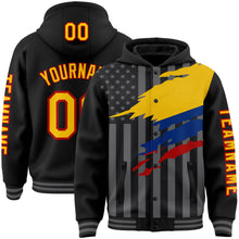 Laden Sie das Bild in den Galerie-Viewer, Custom Black Yellow Red-Gray Colombia Colombian Flag 3D Bomber Full-Snap Varsity Letterman Hoodie Jacket