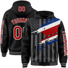 Laden Sie das Bild in den Galerie-Viewer, Custom Black Red-Gray Costa Rica Costa Rican Flag 3D Bomber Full-Snap Varsity Letterman Hoodie Jacket