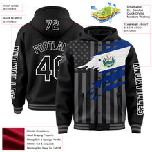 Laden Sie das Bild in den Galerie-Viewer, Custom Black Gray-White El Salvador El Salvadoran Flag 3D Bomber Full-Snap Varsity Letterman Hoodie Jacket