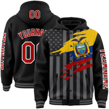 Laden Sie das Bild in den Galerie-Viewer, Custom Black Red-Gray Ecuador Ecuadorian Flag 3D Bomber Full-Snap Varsity Letterman Hoodie Jacket